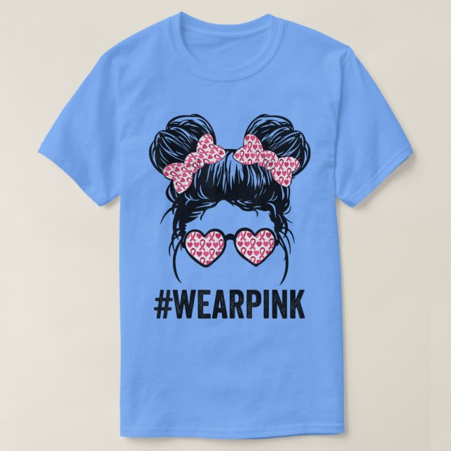 Messy bun glasses wear pink cute breast cancer awa T-Shirt (Design Front)