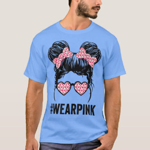 Messy bun glasses wear pink cute breast cancer awa T-Shirt