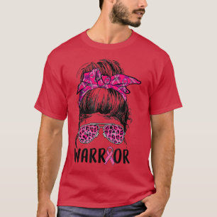 Messy bun glasses wear pink warrior breast cancer  T-Shirt