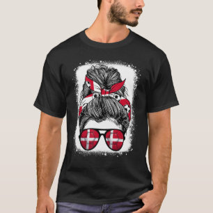 Messy Bun Hair Denmark Flag Glasses Danish Girls W T-Shirt