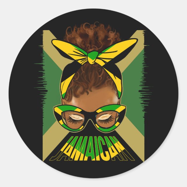 Messy Bun Hair Jamaican Jamaica Flag Black Woman G Classic Round Sticker (Front)