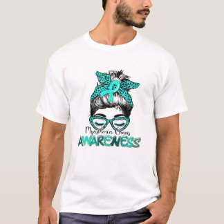 Messy Bun Hair Teal Ribbon Myasthenia Gravis Aware T-Shirt