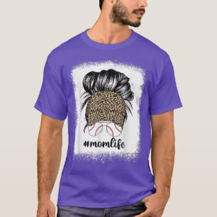 Messy Bun Hair Women Mum Life Cheetah Print Baseba T-Shirt