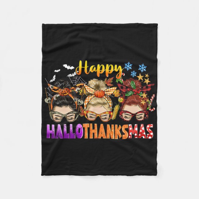 Messy Bun Halloween To Christmas Women Happy Hallo Fleece Blanket (Front)