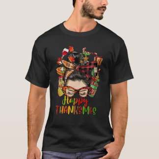 Messy Bun Happy Thanksmas Halloween Thanksgiving C T-Shirt