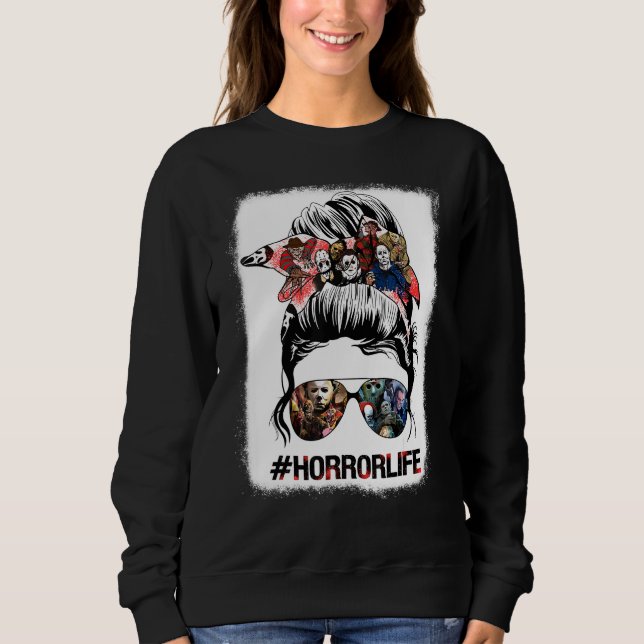 Messy Bun Horror Life Bleached Essential Outfits Sweatshirt (Front)