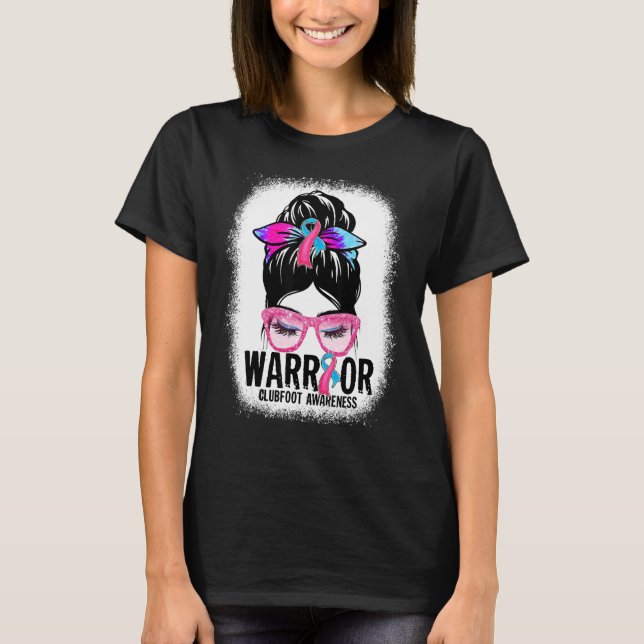 Messy Bun Leopard Blue Pink Ribbon Clubfoot Warrio T-Shirt (Front)