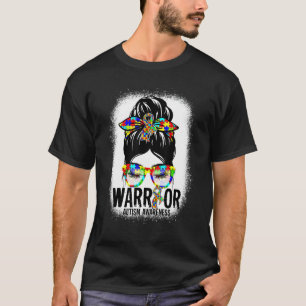 Messy Bun Leopard Blue Ribbon Autism Warrior T-Shirt