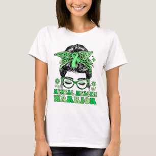 Messy Bun Leopard Green Ribbon Mental Health Warri T-Shirt