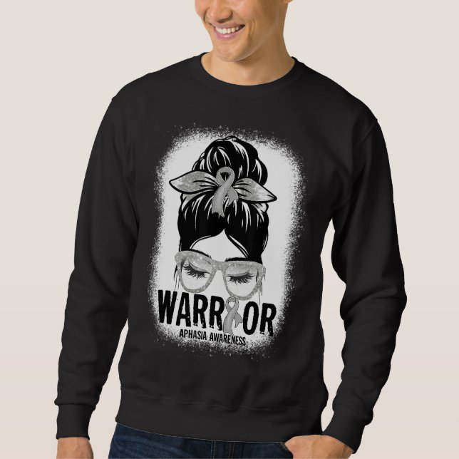 Messy Bun Leopard Grey Ribbon Aphasia Warrior Sweatshirt (Front)