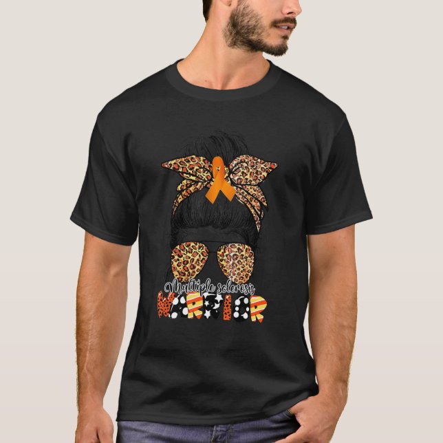 Messy Bun Leopard Multiple Sclerosis Awareness Mum T-Shirt (Front)