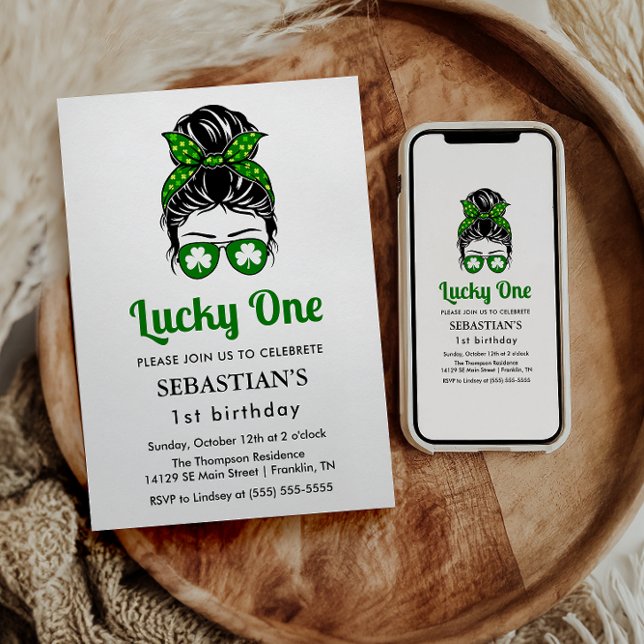  Messy Bun Lucky One 1st Birthday Girl  Invitation (Creator Uploaded)