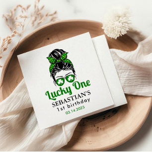  Messy Bun Lucky One 1st Birthday Girl  Napkin