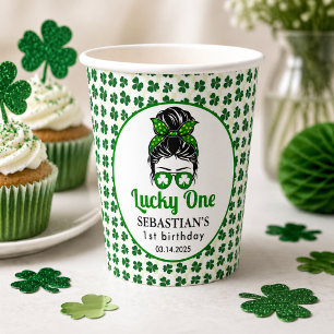 Messy Bun Lucky One 1st Birthday Girl Paper Cups