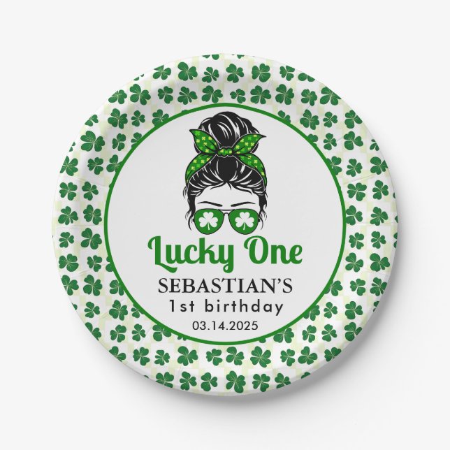  Messy Bun Lucky One 1st Birthday Girl  Paper Plate (Front)