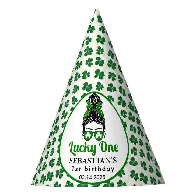  Messy Bun Lucky One 1st Birthday Girl  Party Hat (Front)