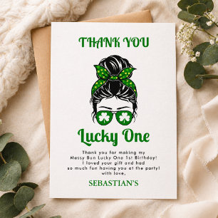 Messy Bun Lucky One 1st Birthday Girl Thank You Card