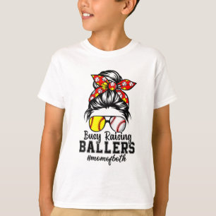 Messy Bun Mum Of Both Baseball Softball Busy Raisi T-Shirt
