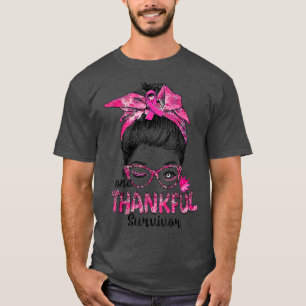 Messy Bun Mum One Thankful Survivor Breast Cancer T-Shirt