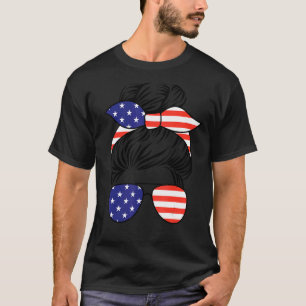 Messy Bun Mum Women America Flag Usa Cute Grandma T-Shirt