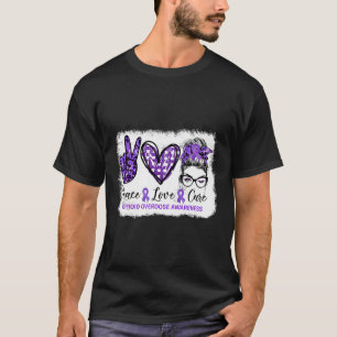 Messy Bun Peace Love Cure Purple Ribbon Opioid Ove T-Shirt