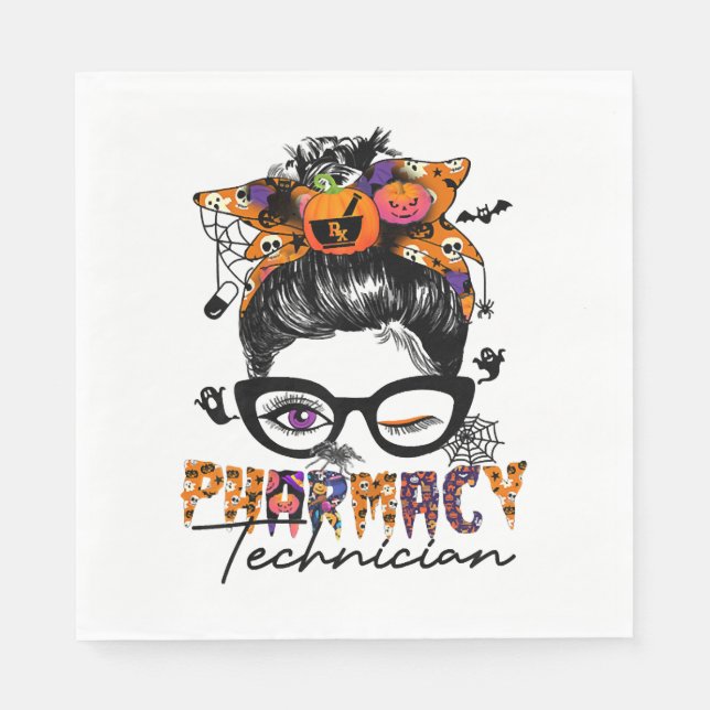 Messy Bun Pharmacy Technician Halloween Party Napkin (Front)