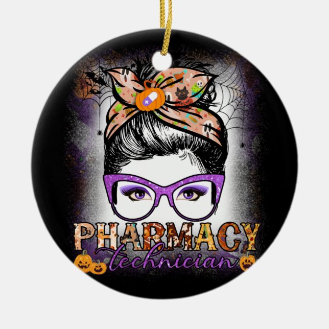 Messy Bun Pharmacy Technician Pharmacist Halloween Ceramic Tree Decoration (Front)