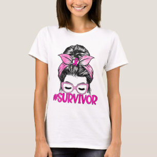 Messy Bun Pink Ribbon Breast Cancer Awareness  T-Shirt