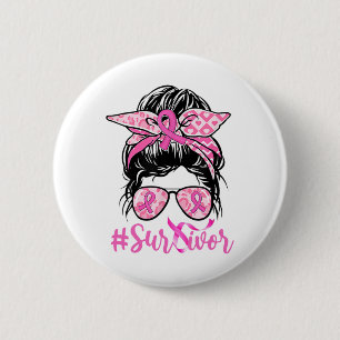 Messy Bun Pink Ribbon Leopard Breast Cancer Warrio 6 Cm Round Badge