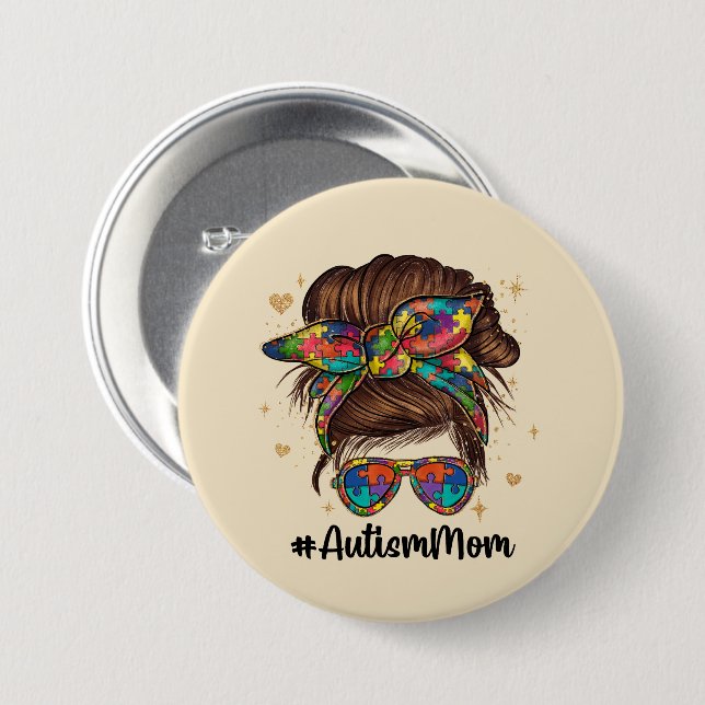 Messy Bun Proud Autism Mum 7.5 Cm Round Badge (Front & Back)