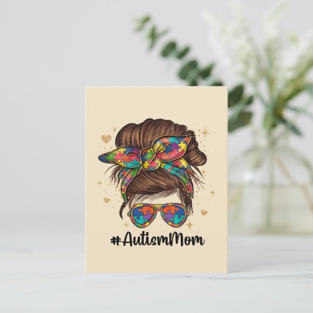 Messy Bun Proud Autism Mum Postcard (Standing Front)