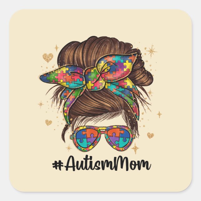 Messy Bun Proud Autism Mum Square Sticker (Front)