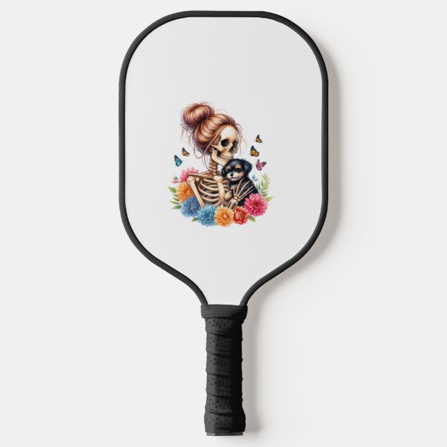 Messy Bun Skeleton Cute Puppy Dog Lovers Halloween Pickleball Paddle (Front)