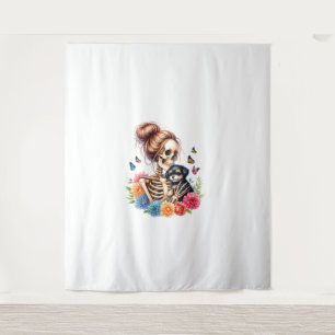 Messy Bun Skeleton Cute Puppy Dog Lovers Halloween Tapestry