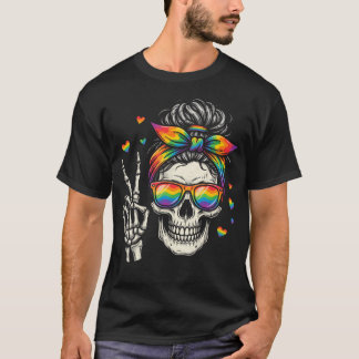 Messy Bun Skull Rainbow Flag Lgbt Gay Pride Women T-Shirt