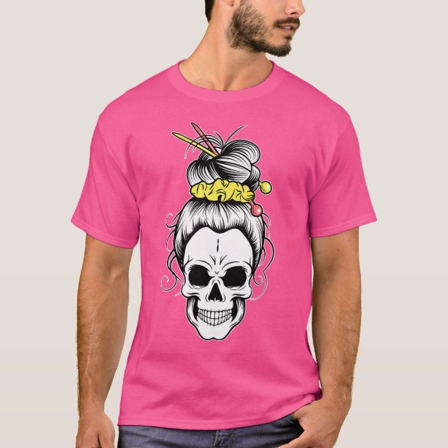 Messy Bun Skull Shirt Women'S Grandma Knitting Hal (Front)