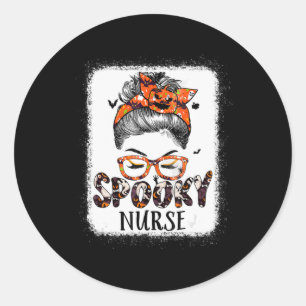 Messy Bun Spooky Nurse Women Pumpkin Halloween Bat Classic Round Sticker