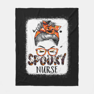 Messy Bun Spooky Nurse Women Pumpkin Halloween Bat Fleece Blanket