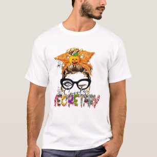 Messy Bun Spooky School Secretary Bleached Hallowe T-Shirt