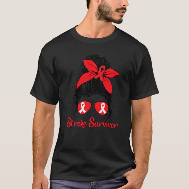 Messy Bun Stroke Survivor Awareness Red Ribbon Bra T-Shirt (Front)