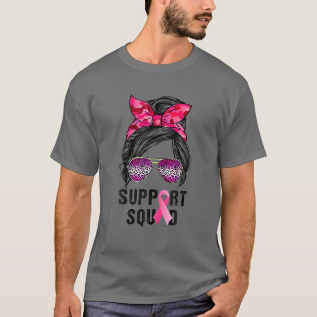 Messy Bun Support Squad Pink Leopard Print Breast T-Shirt (Front)