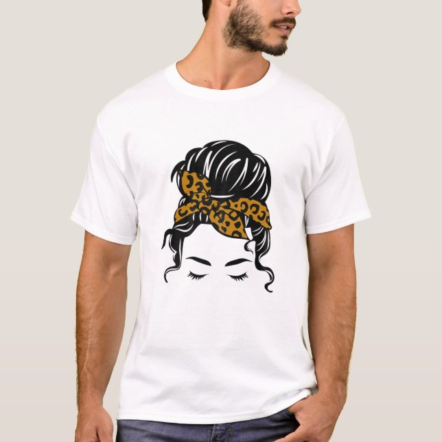 Messy Bun Tee With Leopard Cheetah Pattern Bandann (Front)