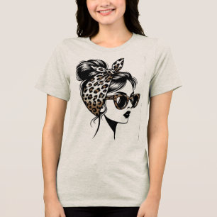 Messy Bun Woman with Leopard Print Bandanna and Su Tri-Blend Shirt
