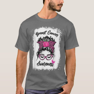 Messy Bun Women Breast Cancer Awareness Ribbon Pin T-Shirt