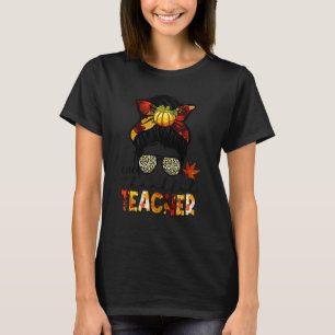 Messy Bun Women Leopard One Thankful Teacher Thank T-Shirt