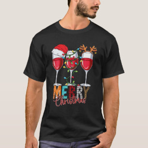 Messy Christmas Wine Glasses With Santa Hat Plaid T-Shirt