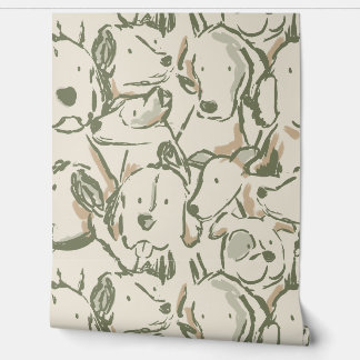 Messy Dog Sketches - Animal Sketch - Beige Green Wallpaper