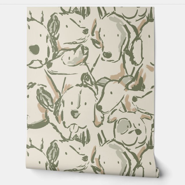 Messy Dog Sketches - Animal Sketch - Beige Green Wallpaper (Unrolling)