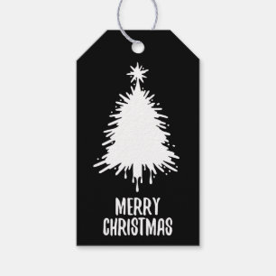 Messy & Grungy Black & White Merry Christmas Tree Gift Tags