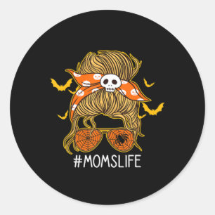 Messy Hair Bun Mom Life spooky Halloween  Classic Round Sticker